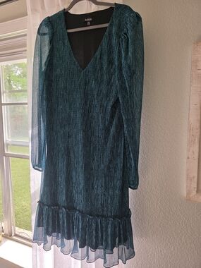 Kensie Teal V-Neck Long Sleeve Ruffle-Hem Dress